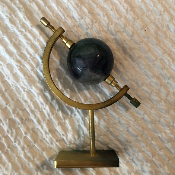 VINTAGE MINI SPACE GLASS MARBLE With Brass Support Decorative Desk Globe 3”X 4.5 - Picture 6 of 7